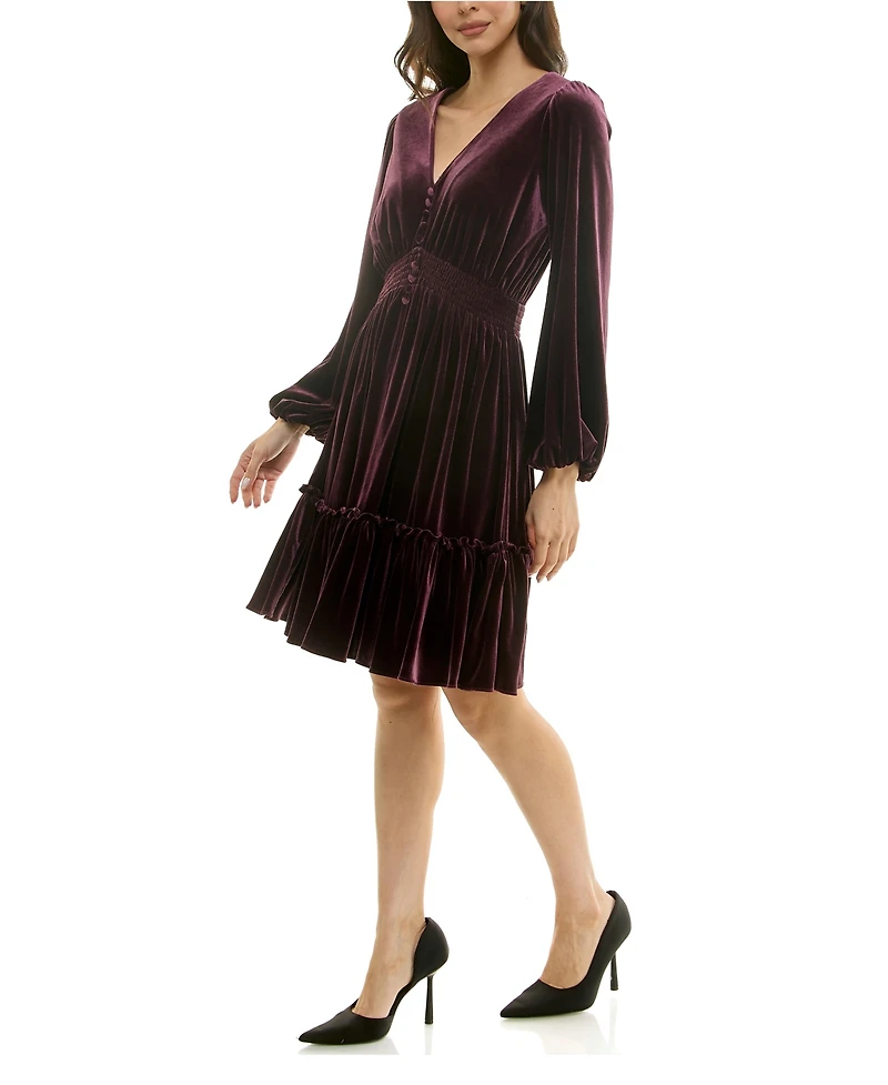 Taylor Women's V-Neck Smocked-Waist Long-Sleeve Velvet Dress