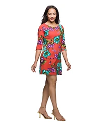 24seven Comfort Apparel Women's Orange Floral Print Three Quarter Sleeve A Line Knee Length Dress