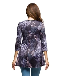 24seven Comfort Apparel Women's Gray Abstract Print V Neck three quarter Sleeve Tunic Top