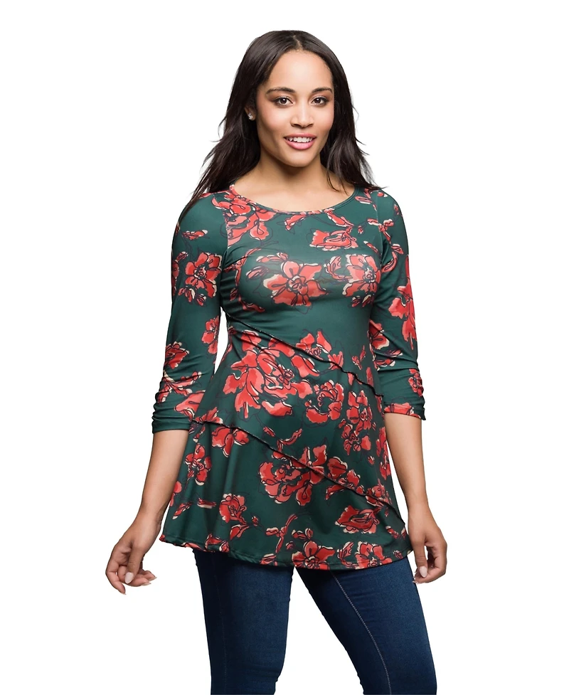 24seven Comfort Apparel Women's Green Floral Print Three Quarter Sleeve Tunic Top