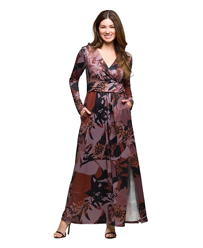 24seven Comfort Apparel Women's Gray Floral Print Long Sleeve Wrap Maxi Dress