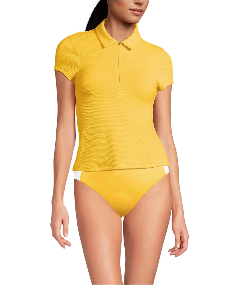 Lands' End Women's SunShade Upf 50 Short Sleeve Pique Johnny Collar Rash Guard