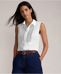 Lands' End Women's Sleeveless No Iron Shirt with Lace Inset
