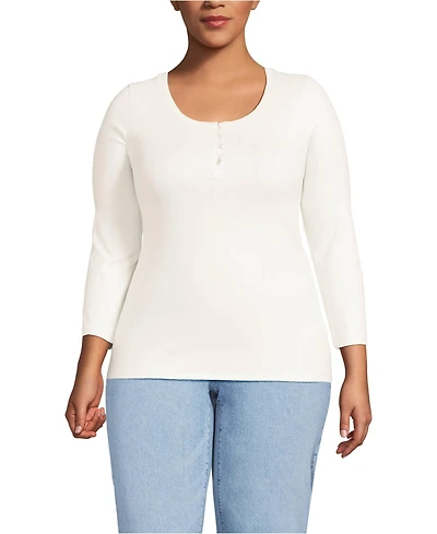 Lands' End Women's Plus 3/4 Sleeve Variegated Micro Rib Henley