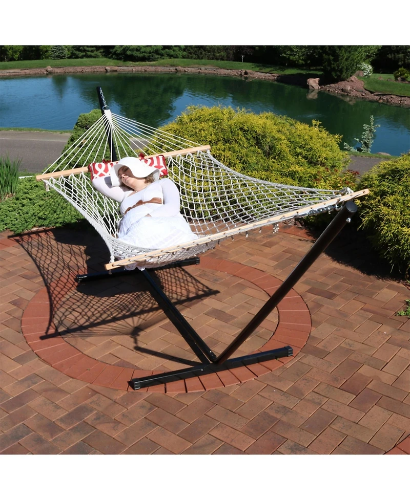 Cotton Rope Freestanding Hammock with Spreader Bar with Portable Steel Stand and Pad and Pillow Set - 12' Stand