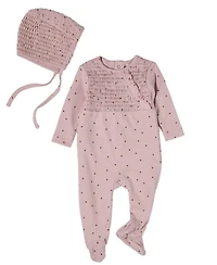 MeMoi 2 Piece Baby Girls "Sweet Cherry" 100% Cotton Smocked Footie Set