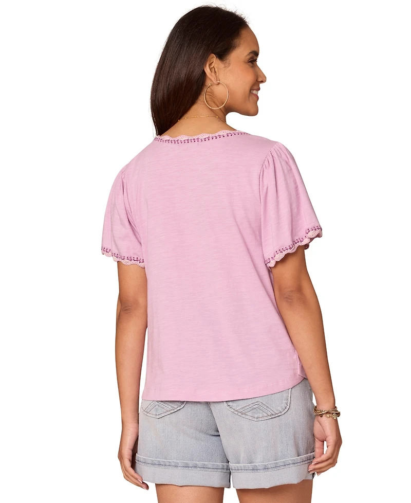 Democracy Women's Petite Crochet Split V-Neck Top