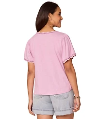 Democracy Women's Petite Crochet Split V-Neck Top