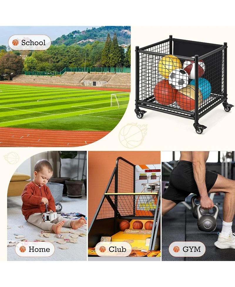 Aecojoy Ball Cart Storage, Rolling Basketball Bin with Wheels for Garage, School, Gym, Sports Equipment and Toy Organizer,Medium