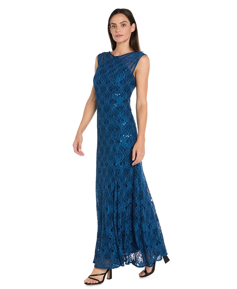 R & M Richards Women's Long Embellished Illusion-Detail Lace Gown