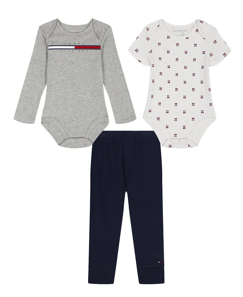 Tommy Hilfiger Baby Boys 3-Piece Long Sleeve Bodysuit, Short Bodysuit and Joggers Set