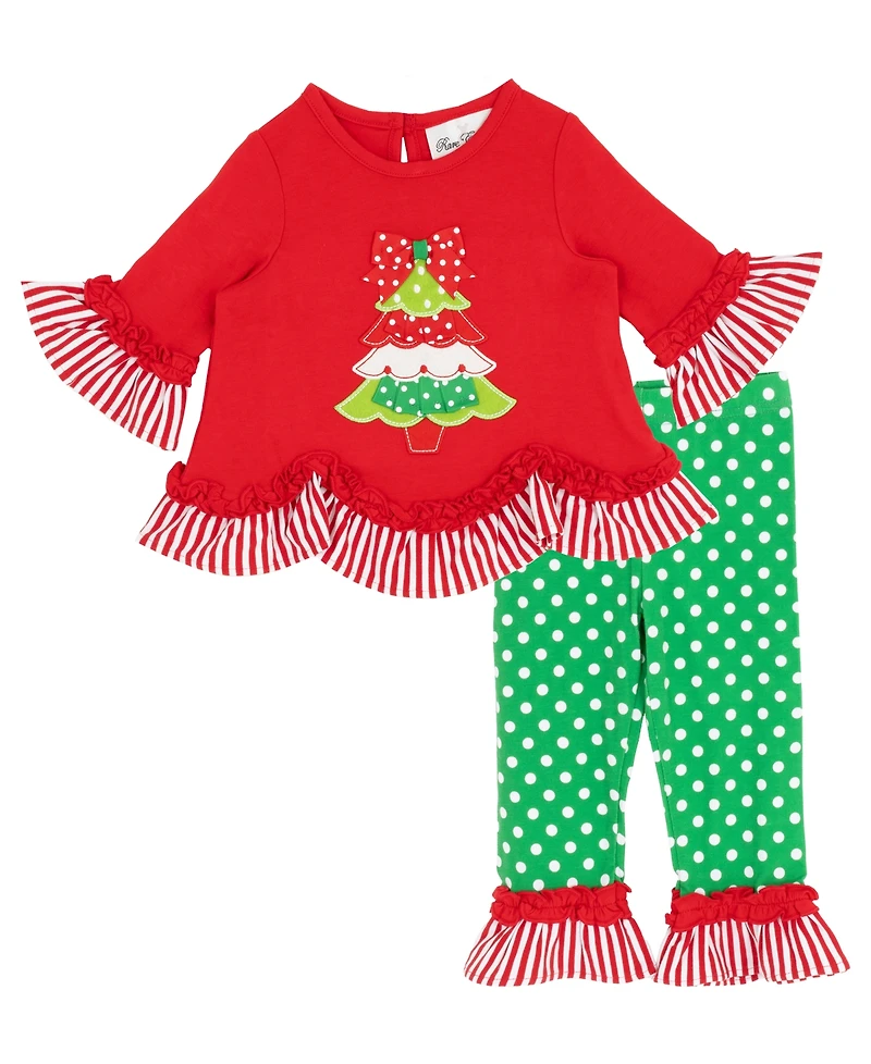 Rare Editions Baby Girl 2-Piece Holiday Tree Applique Top and Polka Dot Leggings Set