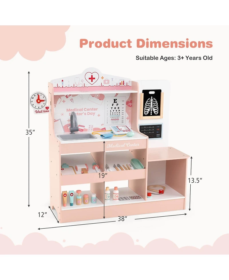 Wooden Doctor Play Set with Clock Sink Eye Chart Ecg Monitor Exam Area Storage