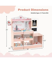 Wooden Doctor Play Set with Clock Sink Eye Chart Ecg Monitor Exam Area Storage