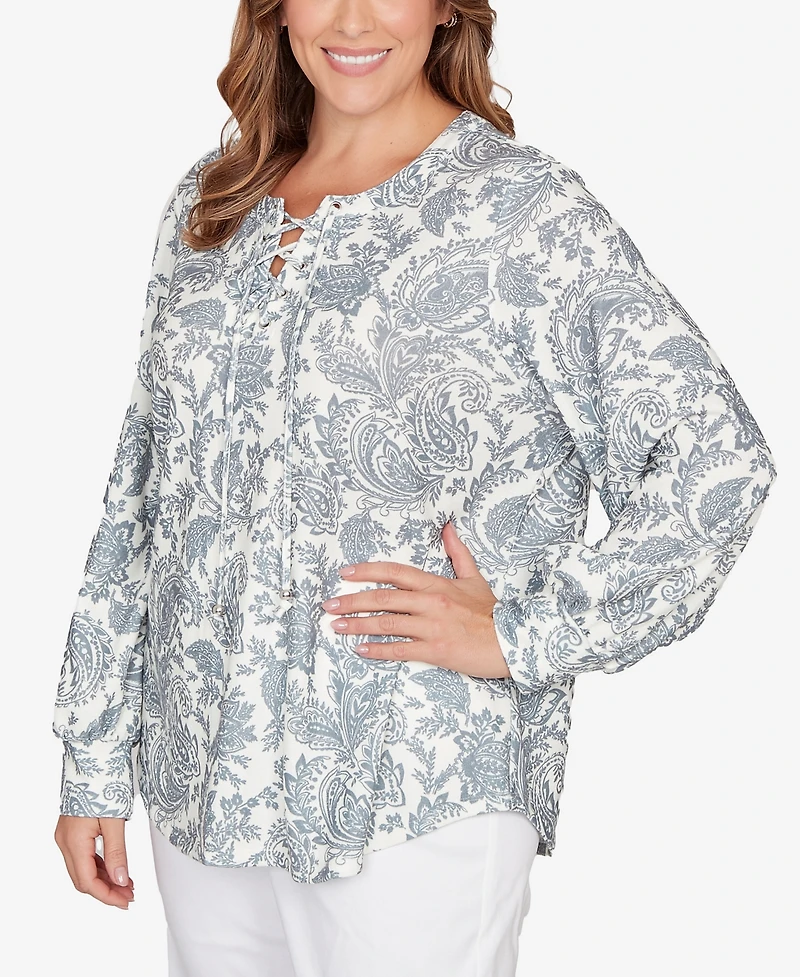 Hearts Of Palm Plus Printed Long Sleeve Hatchi Lace Neck Tunic Top