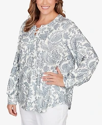 Hearts Of Palm Plus Printed Long Sleeve Hatchi Lace Neck Tunic Top