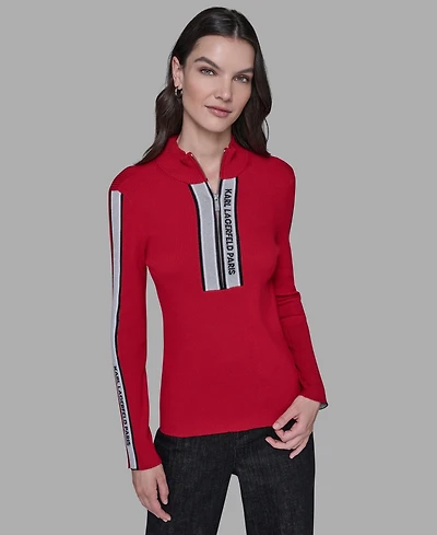 Karl Lagerfeld Paris Women's Logo Tape Zip-Up Sweater