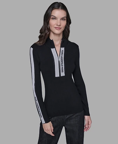 Karl Lagerfeld Paris Women's Logo Tape Zip-Up Sweater