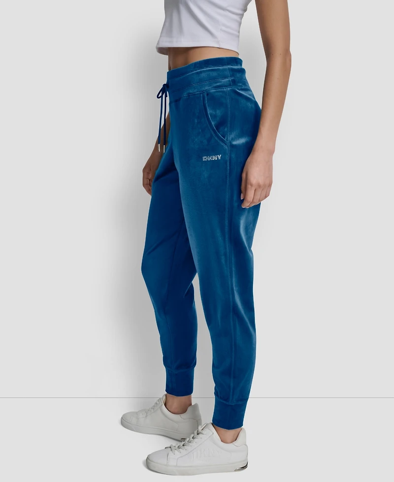 Dkny Women's Platinum Velour Rhinestone Logo Slim Fit Joggers