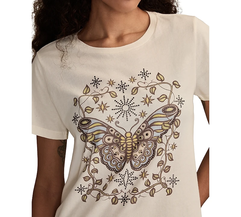 Lucky Brand Women's Embellished Butterfly Classic Crew Neck T-Shirt