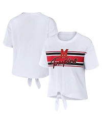 Wear by Erin Andrews Women'sWhite Maryland Terrapins Striped Front Knot Cropped T-Shirt