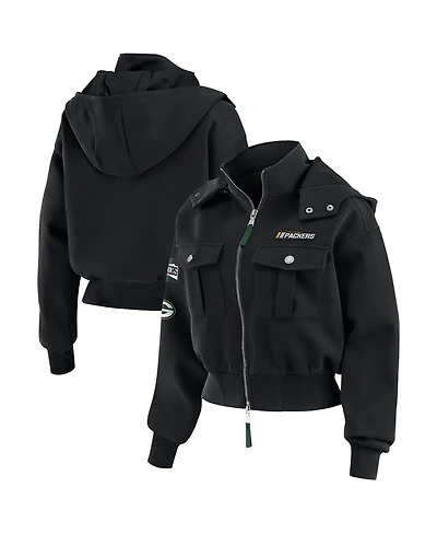 Wear by Erin Andrews Women's Black Green Bay Packers Patch Pocket Cropped Full-Zip Bomber Jacket