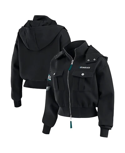 Wear by Erin Andrews Women's Black Philadelphia Eagles Patch Pocket Cropped Full-Zip Bomber Jacket