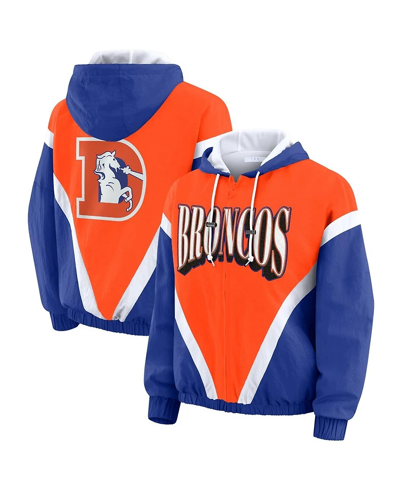 Wear by Erin Andrews Women's Orange/Royal Denver Broncos Retro Crinkle Full-Zip Hoodie Windbreaker Jacket