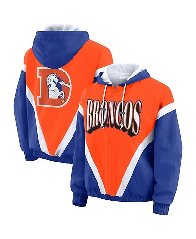 Wear by Erin Andrews Women's Orange/Royal Denver Broncos Retro Crinkle Full-Zip Hoodie Windbreaker Jacket
