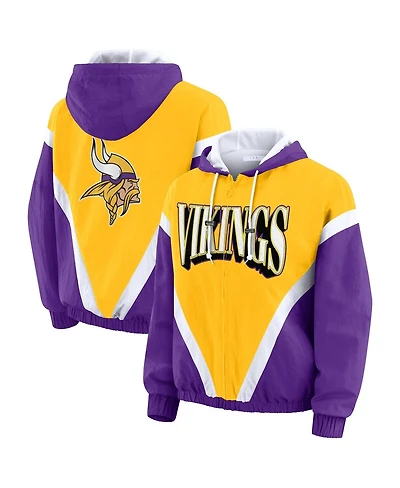 Wear by Erin Andrews Women's Gold/Purple Minnesota Vikings Retro Crinkle Full-Zip Hoodie Windbreaker Jacket