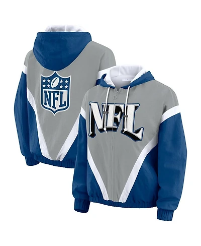 Wear by Erin Andrews Women's Silver/Blue Shield Merchandise Retro Crinkle Full-Zip Hoodie Windbreaker Jacket