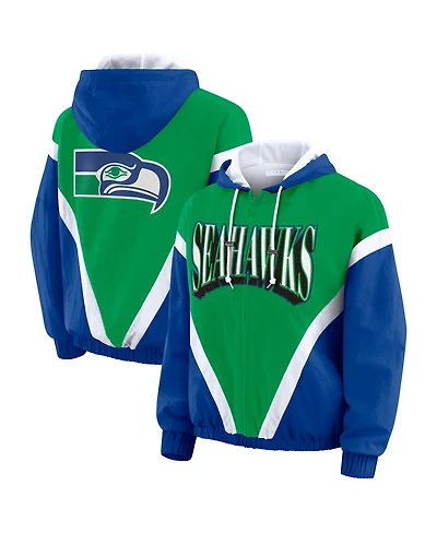 Wear by Erin Andrews Women's Green/Royal Seattle Seahawks Retro Crinkle Full-Zip Hoodie Windbreaker Jacket