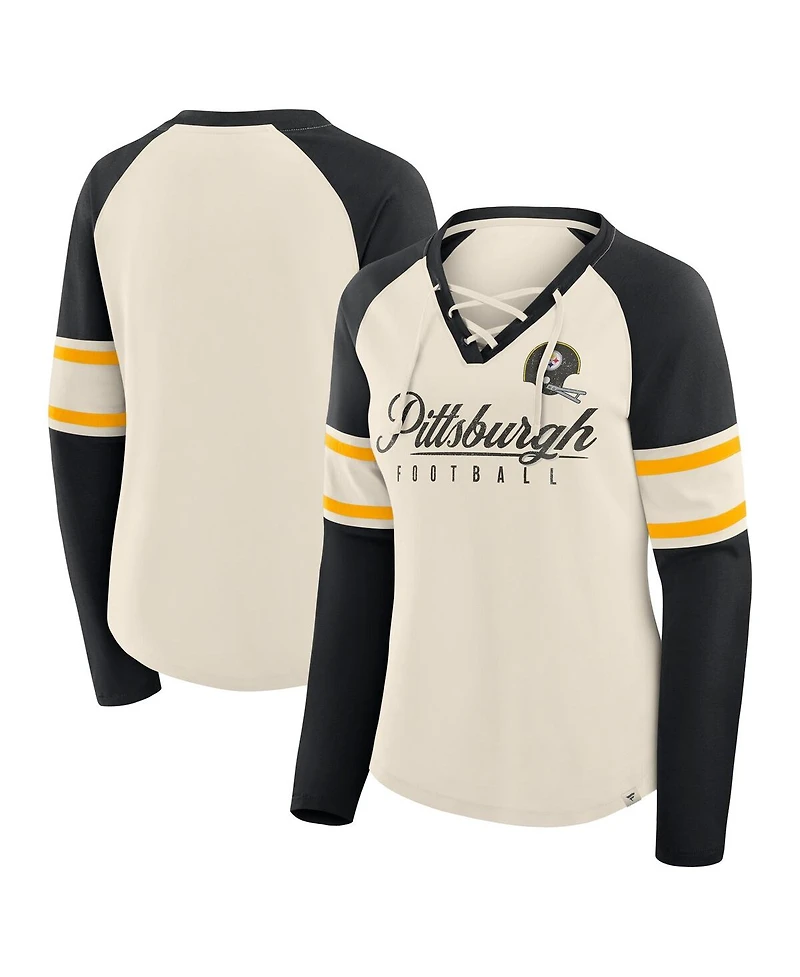 Fanatics Women's Cream/Black Pittsburgh Steelers Hometown Gridiron Hero Raglan Lace-Up V-Neck Long Sleeve T-Shirt