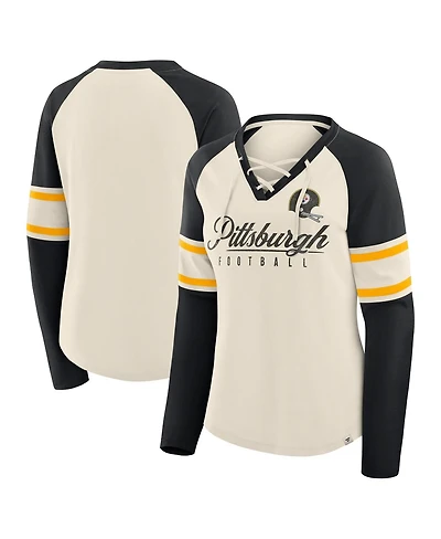 Fanatics Women's Cream/Black Pittsburgh Steelers Hometown Gridiron Hero Raglan Lace-Up V-Neck Long Sleeve T-Shirt
