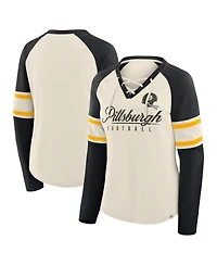 Fanatics Women's Cream/Black Pittsburgh Steelers Hometown Gridiron Hero Raglan Lace-Up V-Neck Long Sleeve T-Shirt