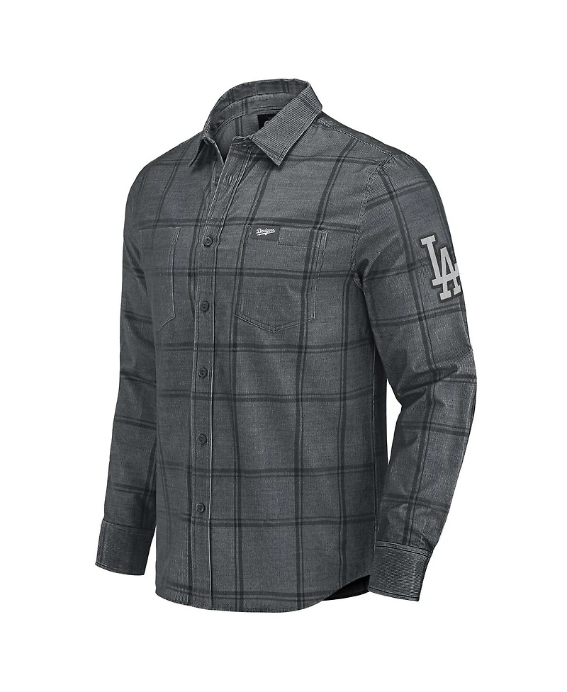 Fanatics Men's Darius Rucker Collection by Gray Los Angeles Dodgers Thin Wale Corduroy Plaid Button Up Shirt
