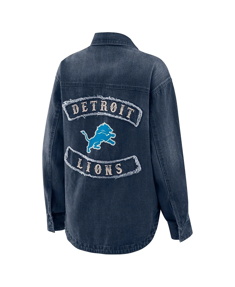 Wear by Erin Andrews Women's Denim Detroit Lions Washed Oversized Full-Snap Shacket