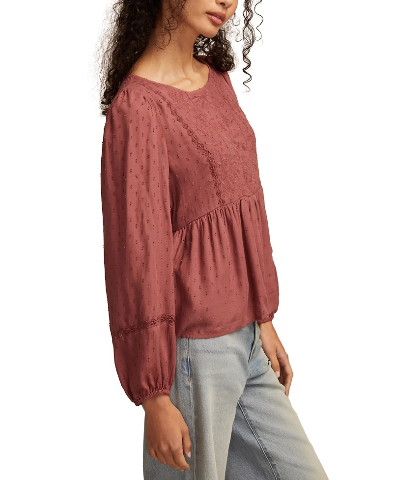 Lucky Brand Women's Novelty Long Sleeve Peplum Top