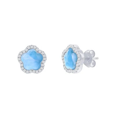 Caribbean Treasures Sterling Silver, Flower Larimar, Cz Outline Studs