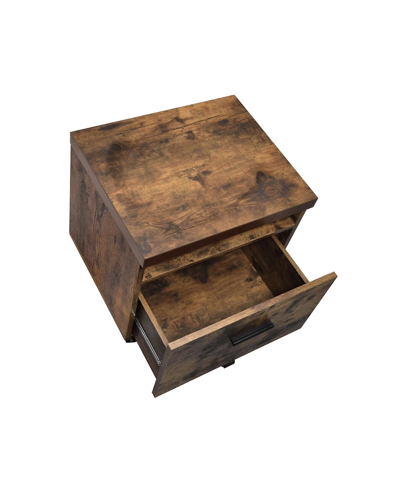 Rectangular File Cabinet with Weathered Oak Top Black Metal Legs Open Compartment and Drawer