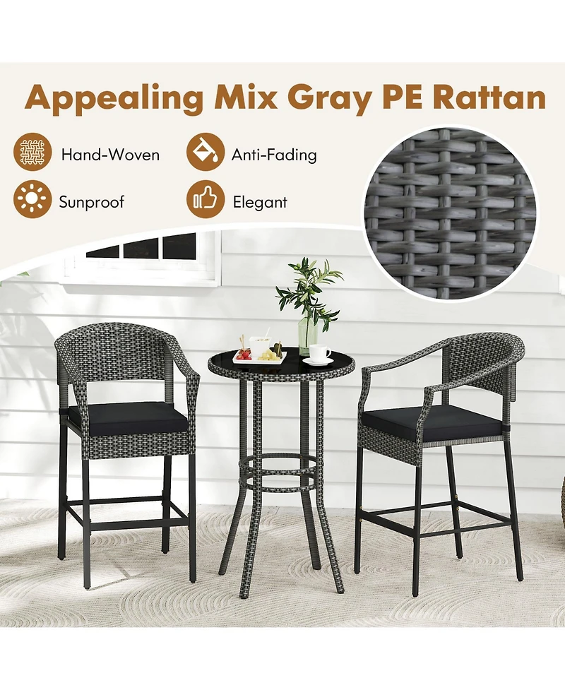 Gymax 3-Piece Patio Bar Set Outdoor Wicker Bar Height Round Table & Armchairs Set