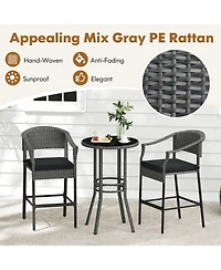 Gymax 3-Piece Patio Bar Set Outdoor Wicker Bar Height Round Table & Armchairs Set