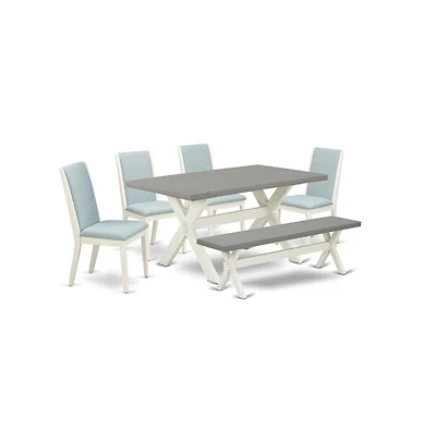 East West Furniture 6Pc Wood Dining Table Set Includes a Dining Room Table, 4 Parson Chairs with Baby Blue Color Linen Fabric and a Bench, Medium Size