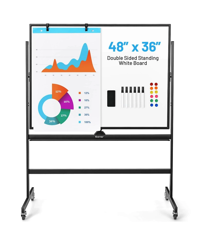 48"x36" Mobile Magnetic Double-Sided Reversible Whiteboard Height Adjust