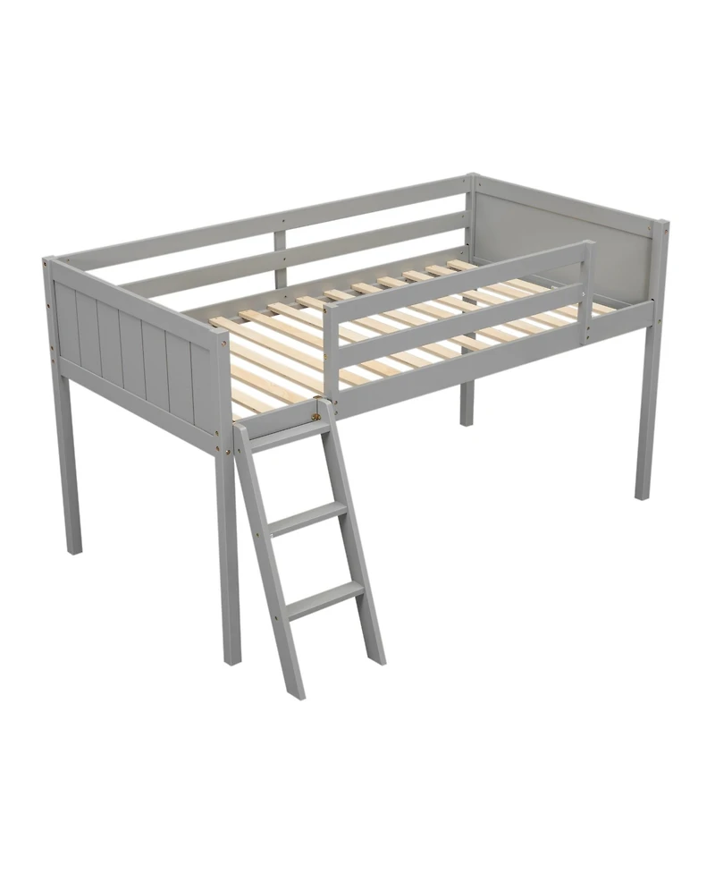 Twin Wood Low Loft Bed with Ladder, ladder can be placed on the left or right