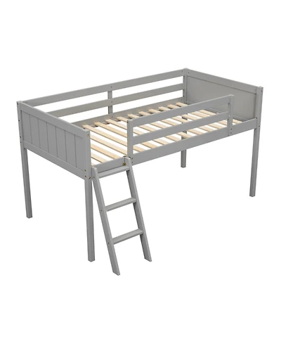 Twin Wood Low Loft Bed with Ladder, ladder can be placed on the left or right
