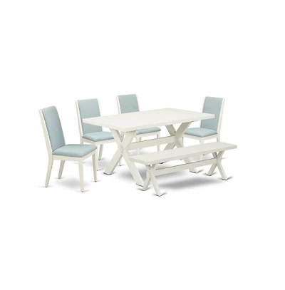 East West Furniture 6Pc Dinette Sets for Small Spaces Includes a Dining Table, 4 Parsons Dining Chairs with Baby Blue Color Linen Fabric and a Bench,