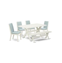 East West Furniture 6Pc Dinette Sets for Small Spaces Includes a Dining Table, 4 Parsons Dining Chairs with Baby Blue Color Linen Fabric and a Bench,