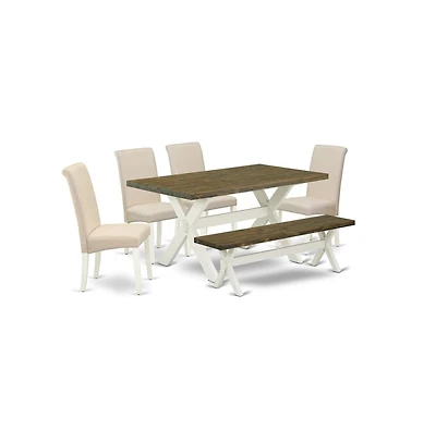 East West Furniture 6-Piece Stylish Dining Table Set a Superb Distressed Jacobean Modern Dining Table Top and Distressed Jacobean Indoor Bench and 4 L