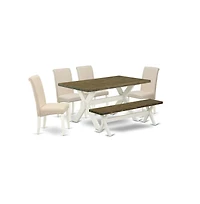 East West Furniture 6-Piece Stylish Dining Table Set a Superb Distressed Jacobean Modern Dining Table Top and Distressed Jacobean Indoor Bench and 4 L